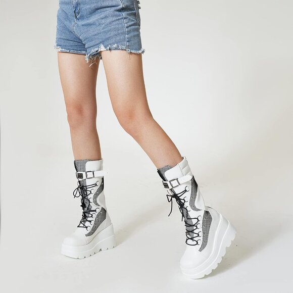 Women's Gothic Platform Boots Synthetic Mid Calf Chunky Wedge Zip - Picture 5 of 6